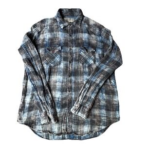 Ryan Michael Western Shirt L Large Blue Plaid Double Cloth Crinkle Cotton Men's